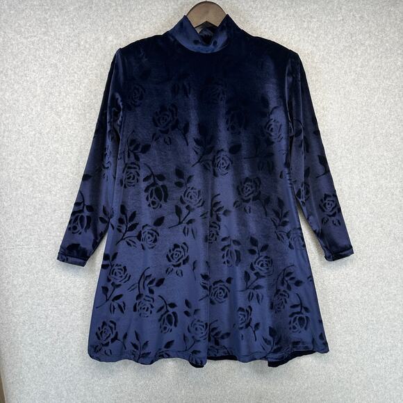 Willow Ridge Dresses & Skirts - Vintage Willow Ridge Blouse Womens Size M Blue Floral Print Velvet Mockneck